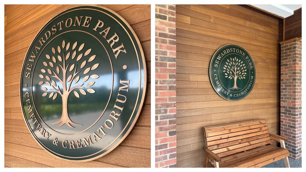 Custom polished brass logo entrance sign installed at Sewardstone Cemetery by FASTSIGNS St Albans.